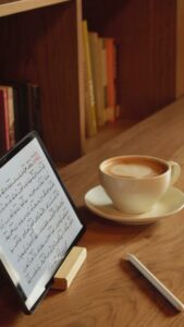 Studying Arabic with a digital tablet and coffee
