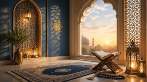 Peaceful Islamic prayer space with a Quran, prayer beads, and soft natural light symbolizing comfort, remembrance, and inner peace