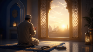 Muslim man praying and reciting a dua for forgiveness, hands raised toward the sky in sincere supplication.