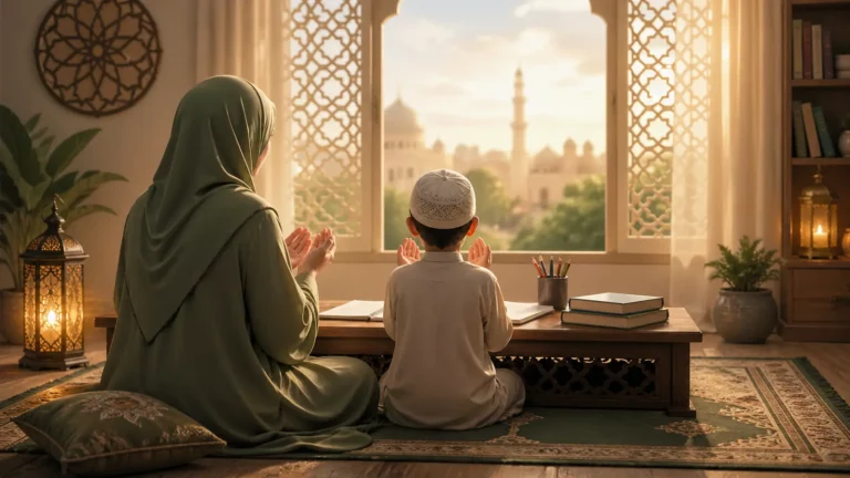 Muslim parent and child making dua together before studying for an exam in a peaceful family atmosphere