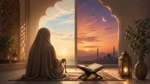 A person reciting the morning adhkar after prayer with an Islamic supplication book open in front of them at dawn
