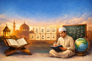 Illustration of a beginner learning Arabic online with the Arabic alphabet, Quran study, and step-by-step language learning